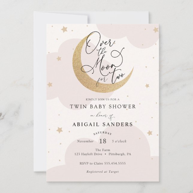 Over the Moon for Two Twin Girls Baby Shower Invitation (Front)