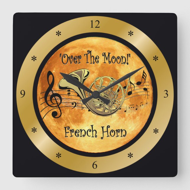 Over The Moon ~ French Horn ~ Musical Scale ~ * ~ Square Wall Clock (Front)