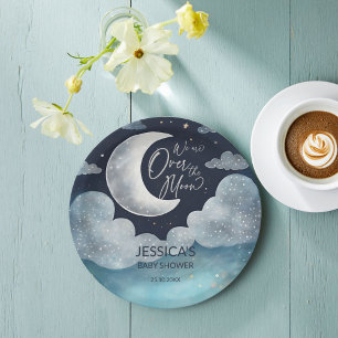 Over the moon galaxy baby shower monogrammed paper plate