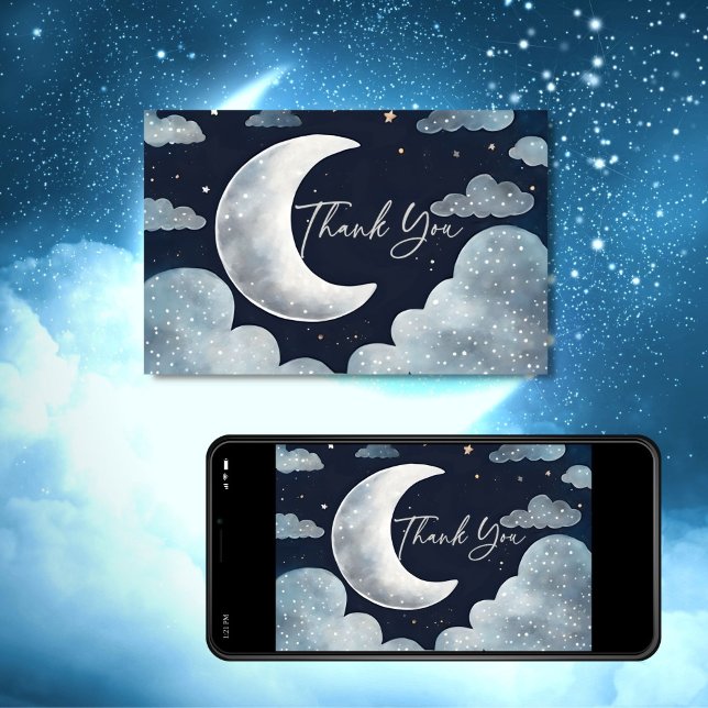 Over the moon galaxy baby shower thank you card (Over the moon stars galaxy baby shower template  thank you card digital download silver moon clouds)