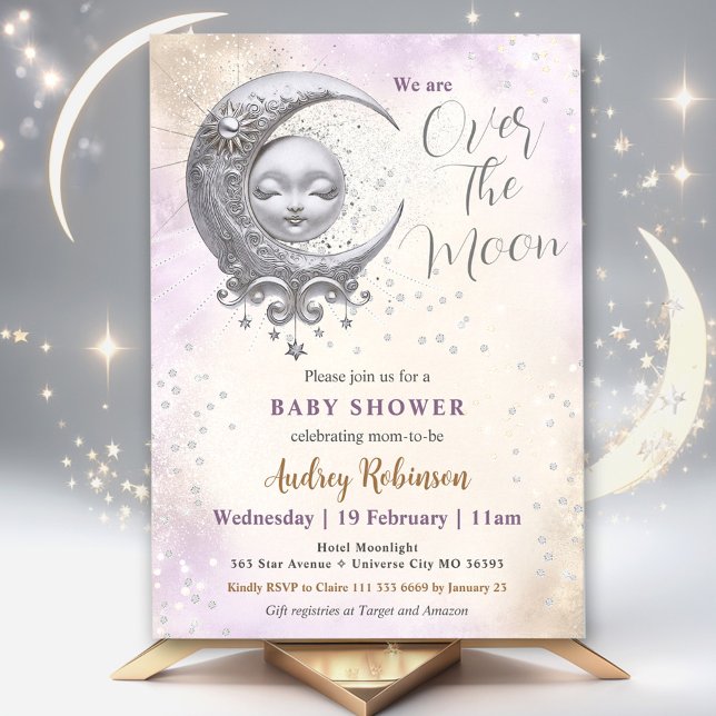 Over The Moon Gender Neutral Purple Baby Shower  Invitation (Over The Moon Gender Neutral Purple Baby Shower Invitation)