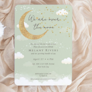 Over the Moon Gender Neutral Sage Baby Shower Invitation