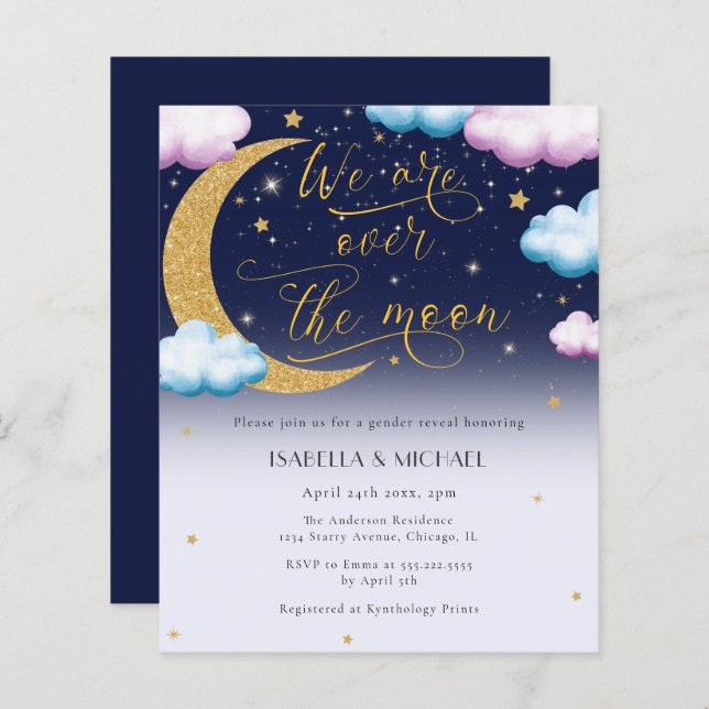 Over the Moon Gender Reveal Party Invitation (Front/Back)