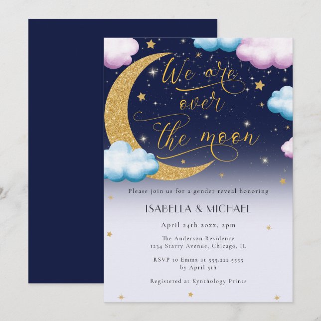 Over the Moon Gender Reveal Party Invitation (Front/Back)