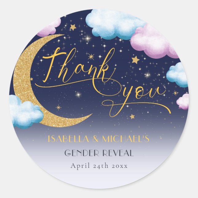 Over the Moon Gender Reveal Thank You Classic Round Sticker (Front)