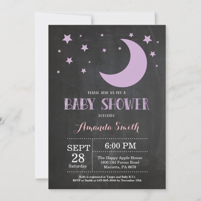 Over the Moon Girl Baby Shower Invitation Purple (Front)