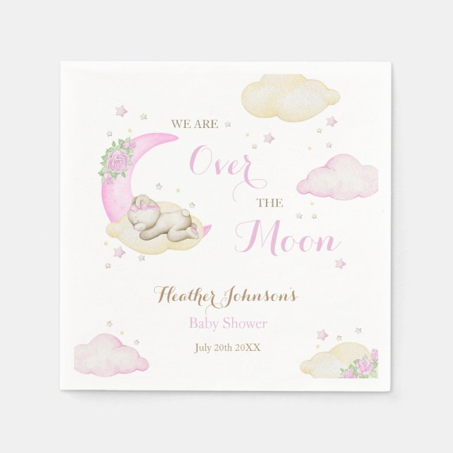 Over The Moon Girl Bear Baby Shower Napkin (Front)