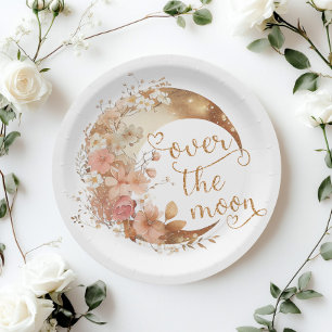Over the moon girl gold floral moon birthday paper plate