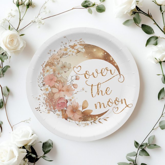 Over the moon girl gold floral moon birthday paper plate (Creator Uploaded)