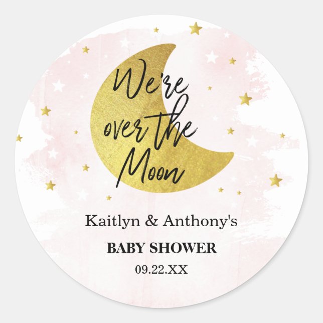 Over The Moon | Girls Baby Shower Classic Round Sticker (Front)