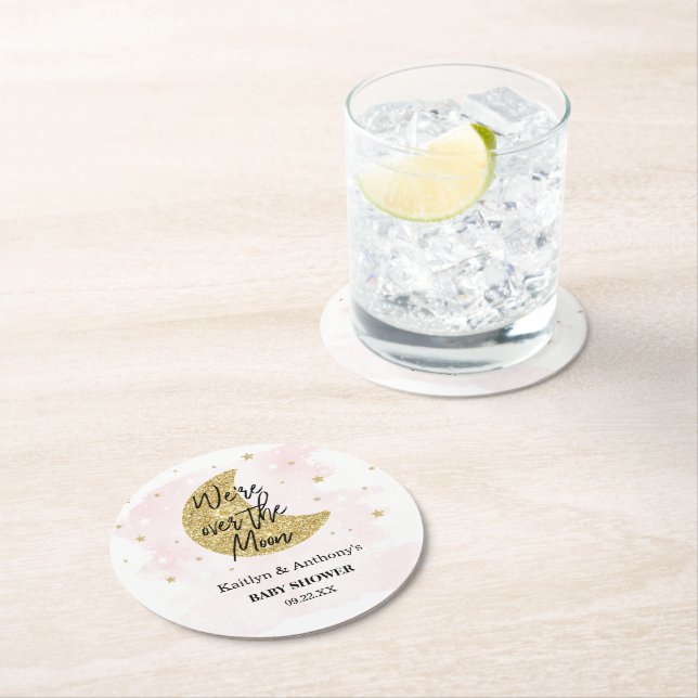Over The Moon | Girls Baby Shower Round Paper Coaster (Insitu)