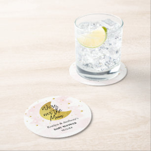 Over The Moon Girls Baby Shower Round Paper Coaster