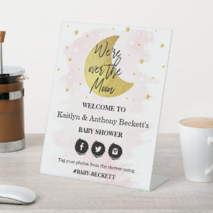 Over The Moon   Girls Baby Shower Welcome Pedestal Sign