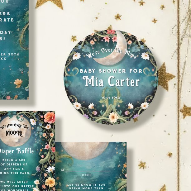 Over the Moon Girly Floral Pink Girl Baby Shower Classic Round Sticker (Creator Uploaded)