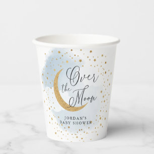 Over the Moon Gold & Blue Baby Shower Personalised Paper Cups
