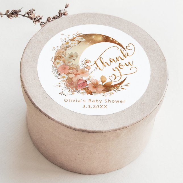 Over the moon gold boho baby shower thank you classic round sticker (Creator Uploaded)