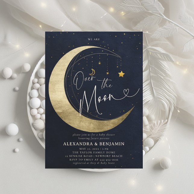 Over the Moon Gold Crescent Coed Baby Boy Shower Invitation (over the moon baby shower invitation moon stars watercolor cute coed elegant neutral navy blue)
