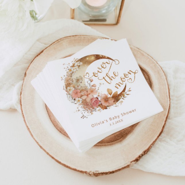 Over the moon gold floral moon baby shower napkin (Creator Uploaded)