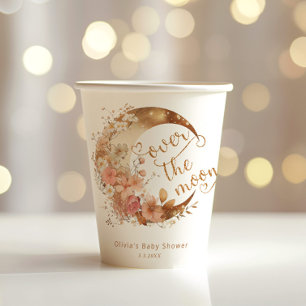 Over the moon gold floral moon baby shower paper cups