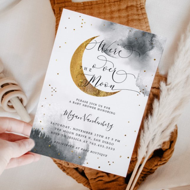 Over the Moon Gold Gender Neutral Baby Shower Invitation (Creator Uploaded)