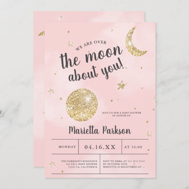 Over the moon gold glitter pink clouds baby shower invitation (Front/Back)