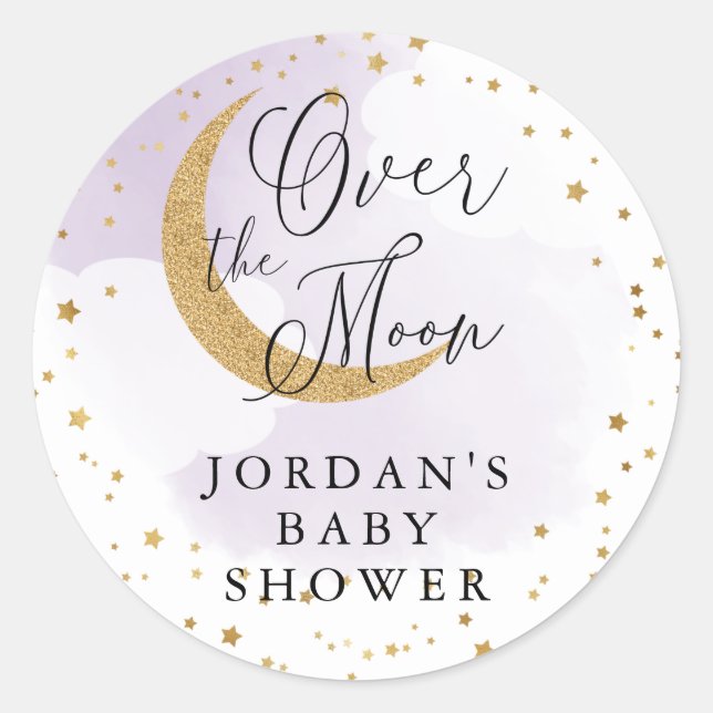 Over the Moon Gold Glitter Purple Baby Shower Classic Round Sticker (Front)