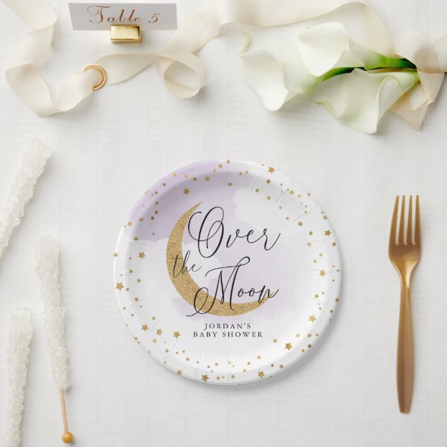 Over the Moon, Gold Glitter Purple Baby Shower Paper Plate (Wedding)