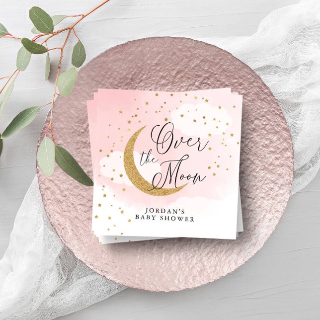 Over the Moon Gold & Pink Baby Shower Personalised Napkin (Creator Uploaded)