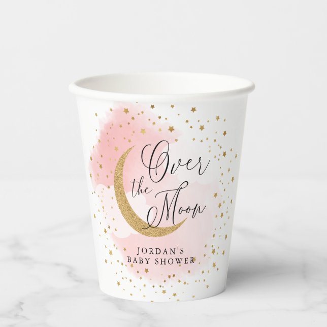 Over the Moon Gold & Pink Baby Shower Personalised Paper Cups (Front)