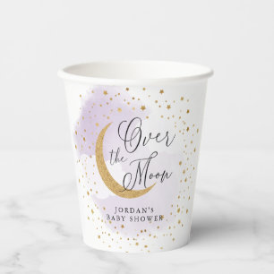 Over the Moon Gold Purple Baby Shower Personalised Paper Cups
