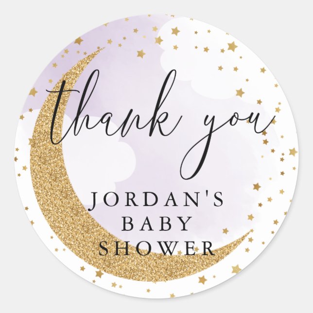 Over the Moon, Gold Purple Glitter Thank You Favou Classic Round Sticker (Front)