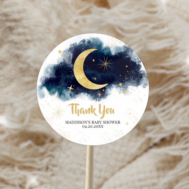 Over the Moon Gold Stars Blue Baby Shower Classic Round Sticker (Over the Moon Gold Stars Blue Baby Shower Sticker)