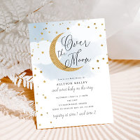 Over the Moon Gold Stars Blue Baby Shower Invitati