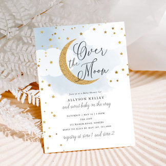Over the Moon Gold Stars Blue Baby Shower Invitati Invitation