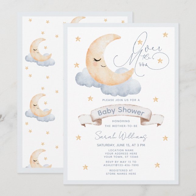 Over the Moon Gold Stars Blue Baby Shower Invitation (Front/Back)