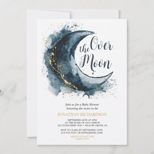 Over the Moon Gold Stars Blue Baby Shower Invitation (Front)