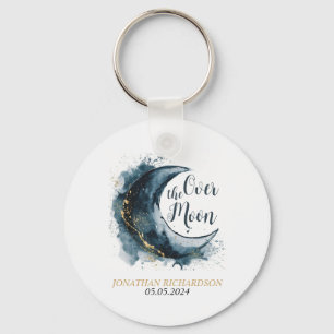 Over the Moon Gold Stars Blue Baby Shower Key Ring
