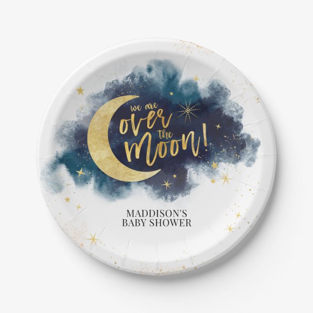 Over the Moon Gold Stars Blue Baby Shower Paper Plate (Front)