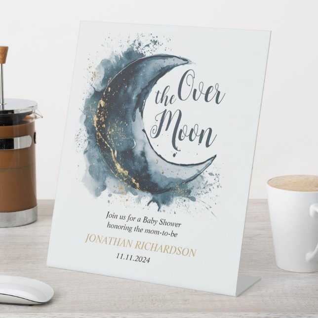 Over the Moon Gold Stars Blue Baby Shower Pedestal Sign (In SItu)