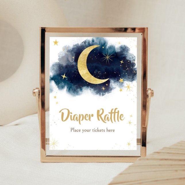 Over the Moon Gold Stars Blue Diaper Raffle Poster (Blue Twinkle Little Star Baby Shower Diaper Raffle Sign)