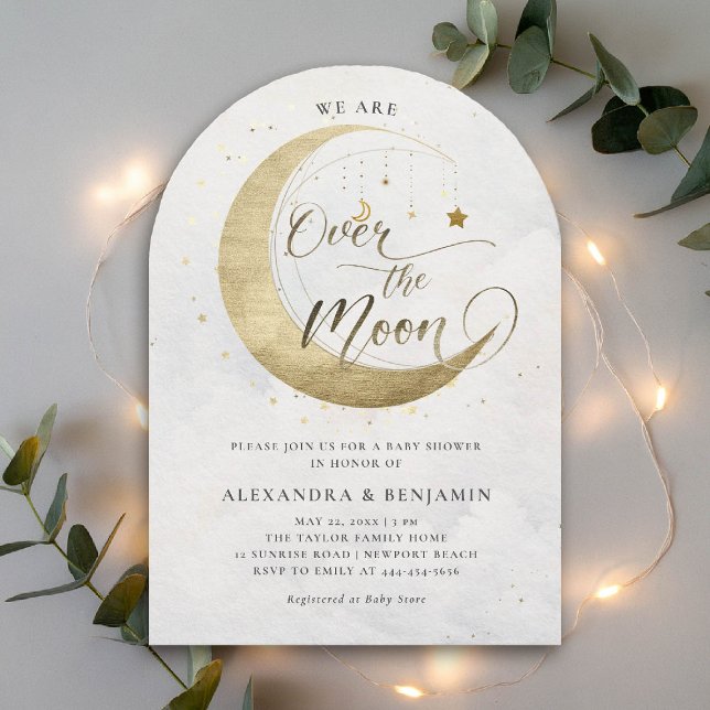 Over the Moon Gold Stars White Sky Baby Shower Invitation (over the moon baby shower invitation arch white sky gold stars mobile celestial astrology twinkle)