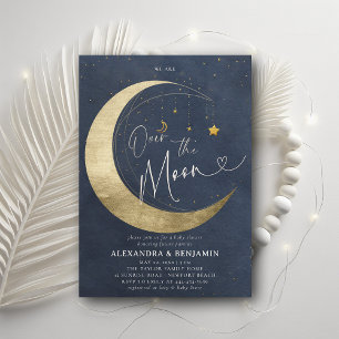 Over the Moon Gold Watercolor Coed Baby Boy Shower Invitation