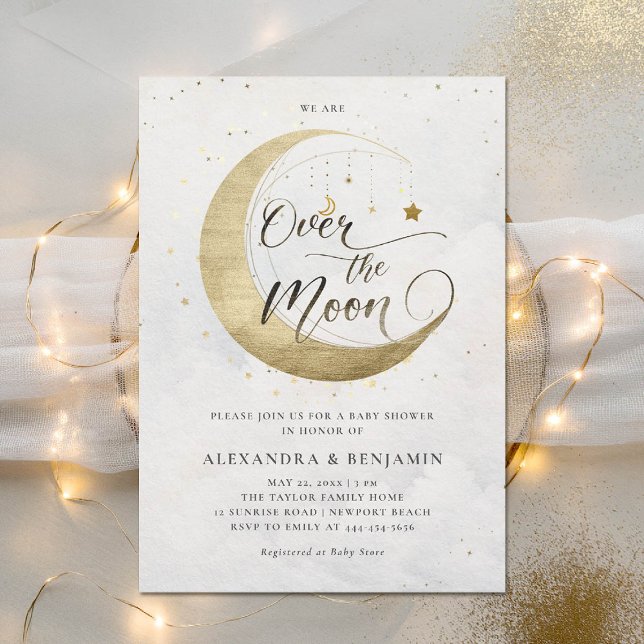 Over the Moon Gold White Dreamy Sky Baby Shower Invitation (over the moon baby shower invitation gold stars sky dreamy celestial galaxy twinkle)