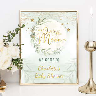 Over the Moon Greenery Gold Baby Shower Welcome Po Poster