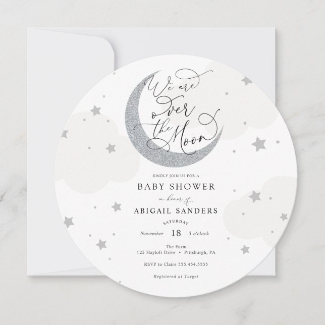 Over the Moon Grey Baby Shower Invitation (Front)