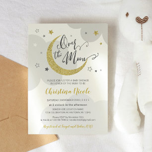 Over the Moon Grey Gold Stars Baby Shower Invitation