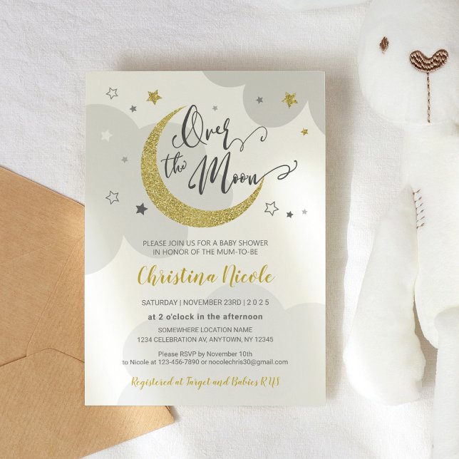 Over the Moon Grey Gold Stars Baby Shower Invitation (Creator Uploaded)