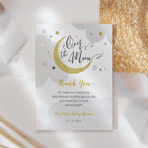 Over the Moon Grey Gold Stars Baby Shower Thank You Card