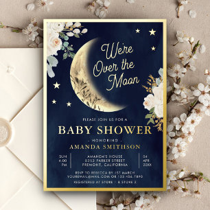 Over the Moon Ivory Floral Navy Baby Shower Gold