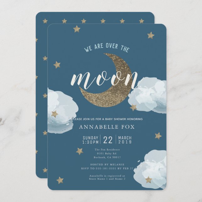 Over the Moon Midnight Blue Baby Shower Invitation (Front/Back)